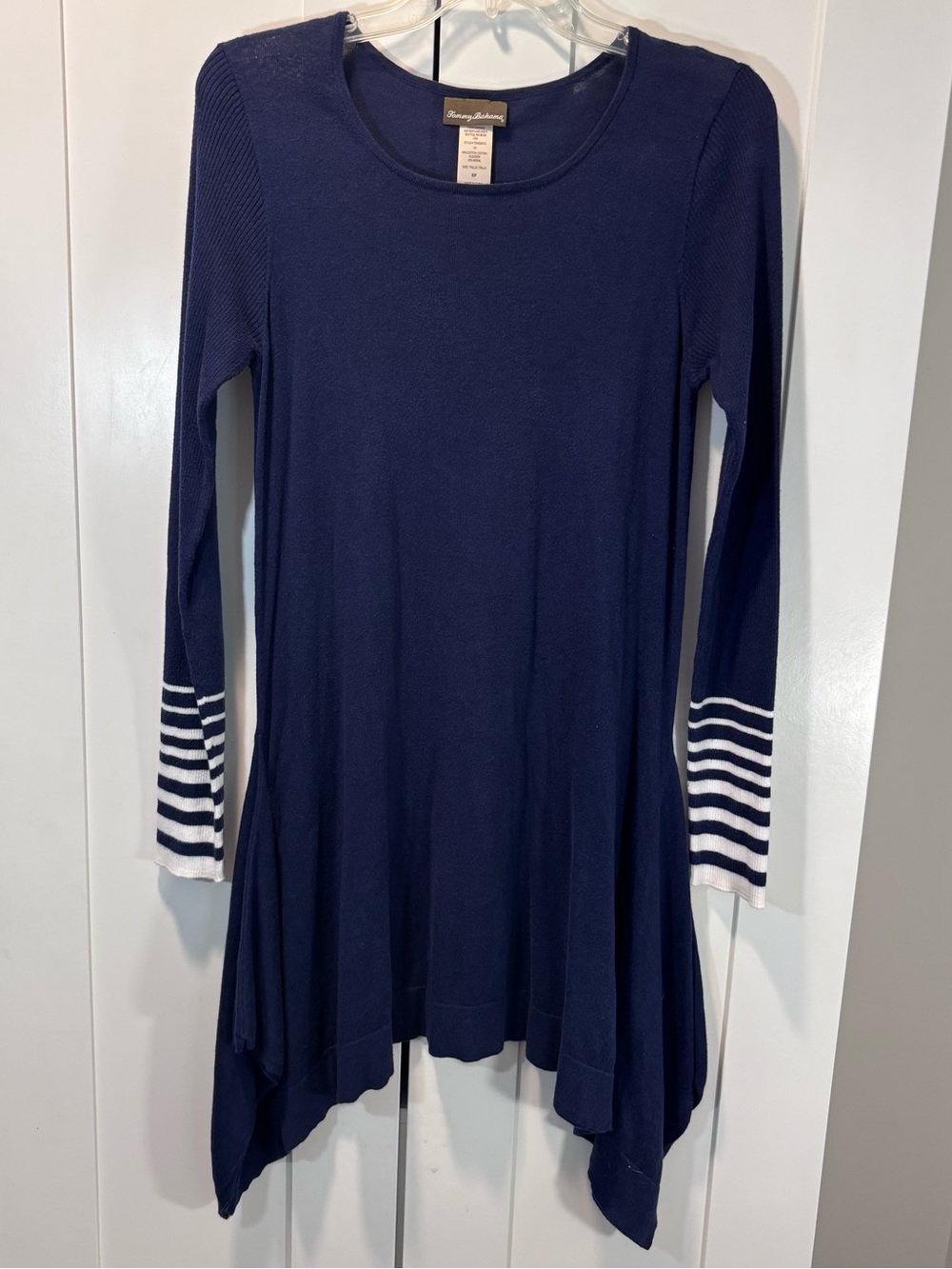 Tommy Bahama Cotton Modal Navy Handkerchief Hem Tunic Sweater Striped White Cuff